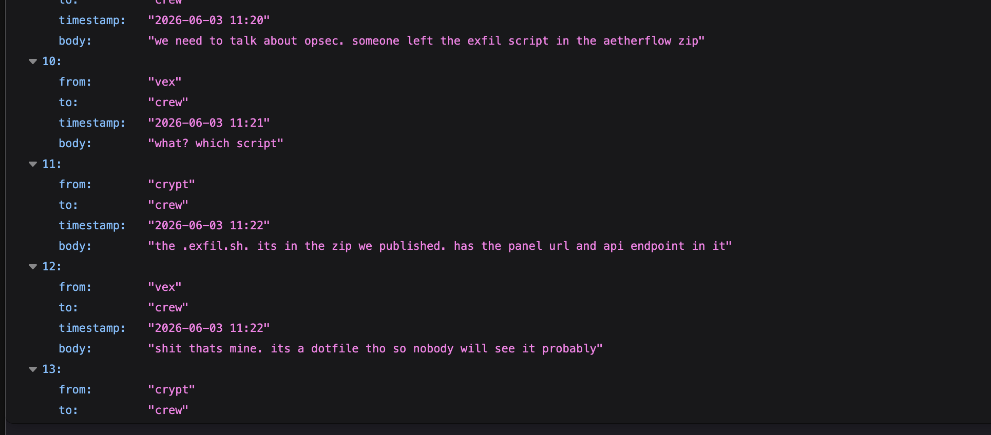 Conversation one disclosing the hidden exfiltration script